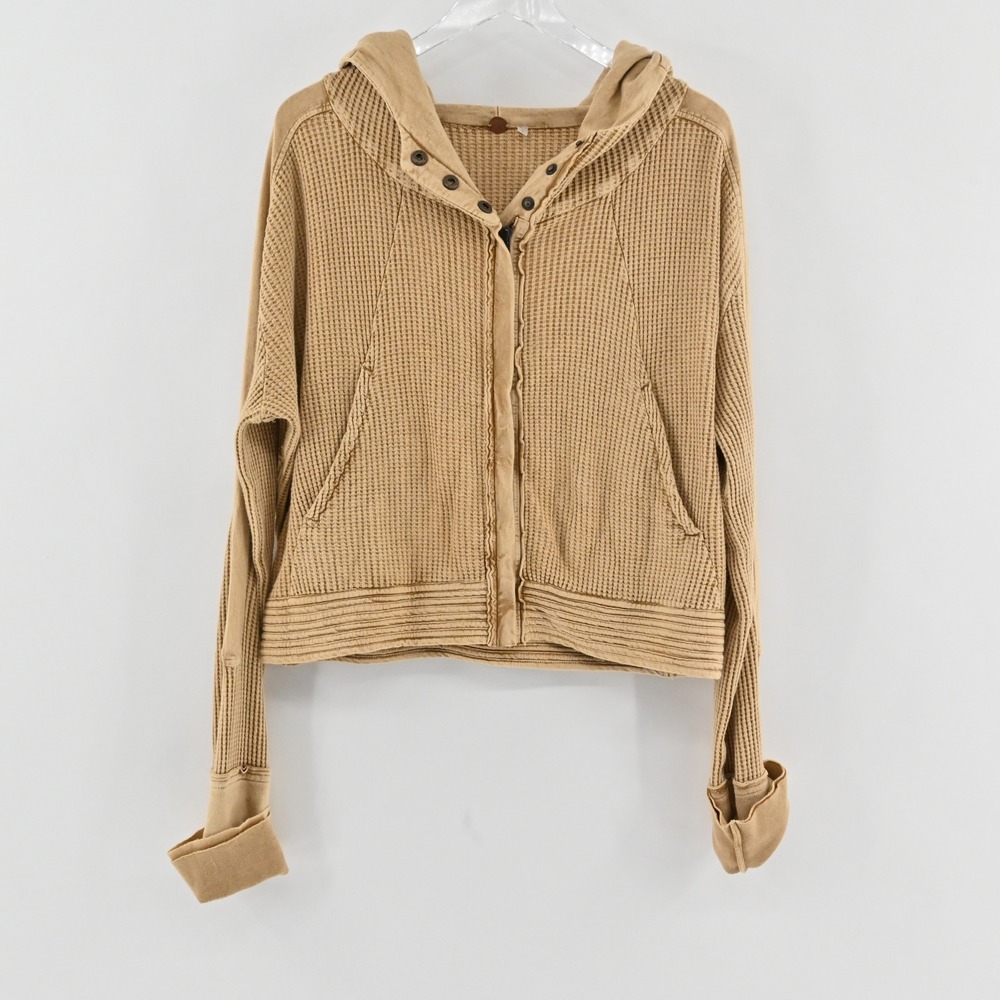 Free People Mason Waffle Knit Hoodie Womens Size L Tan Cotton Thermal Jacket